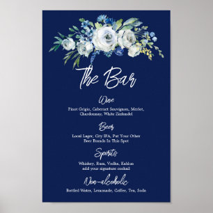 Affiche Bar de mariage moderne Floral bleu marine Menu