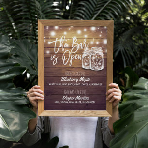 Affiche Bar est ouvert Boisson Menu Mason Jars Mariage Sig