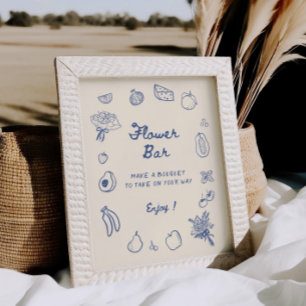 Affiche Bar Fleur Bleu Dessinée à la Main Hors Marché