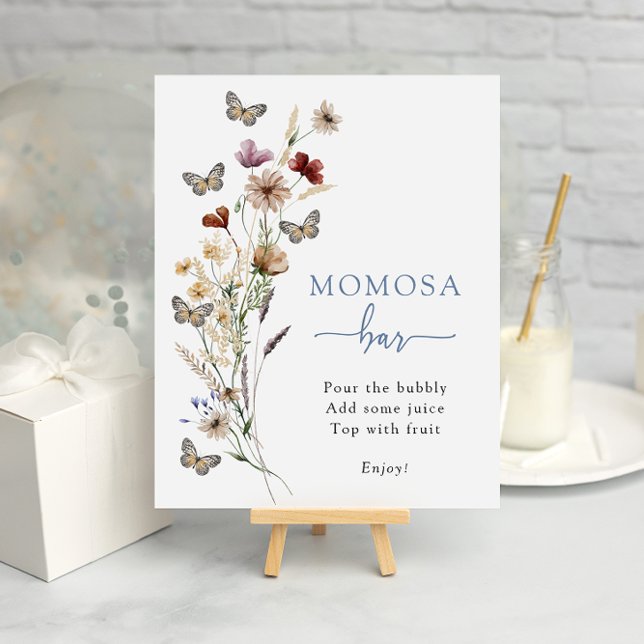 Affiche Bar Fleur sauvage bleu Momosa (Dusty Blue Wildflower Mimosa Bar Poster with Butterflies by Painted Paperie
)