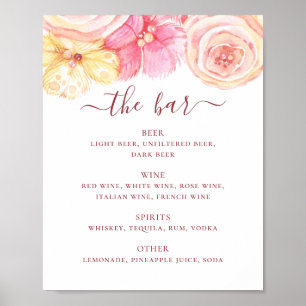 Affiche Bar mariage à fleurs rose et pêche. Boissons alcoo