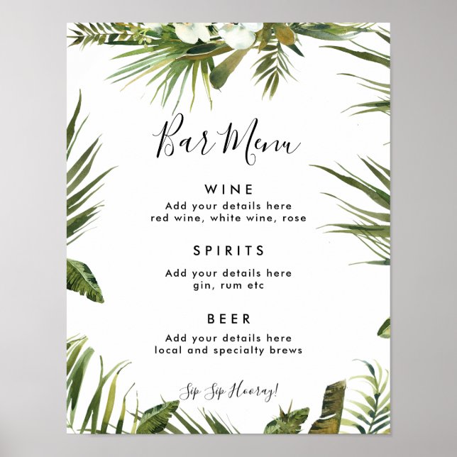 Affiche bar mariage tropical panneau de menu (Devant)