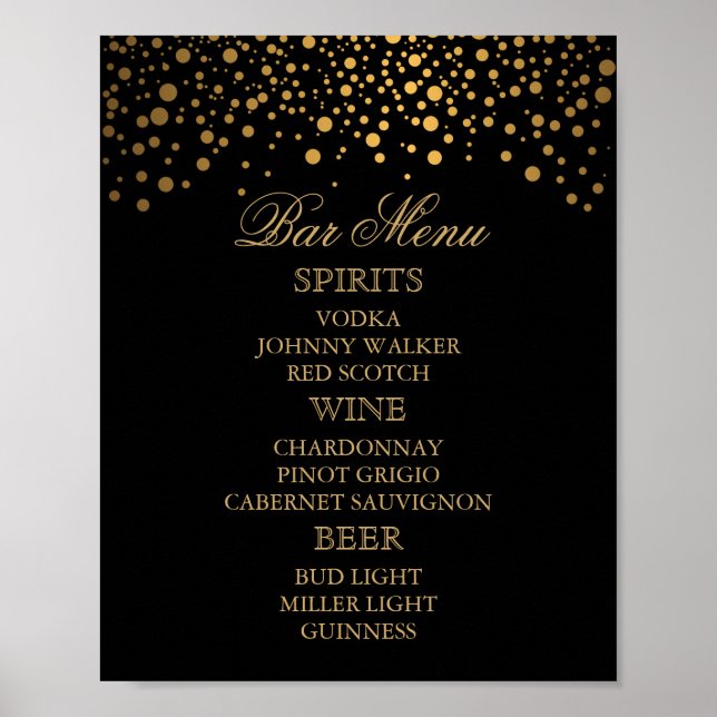 Affiche Bar Menu - Gold Confetti Dots on Black (Devant)
