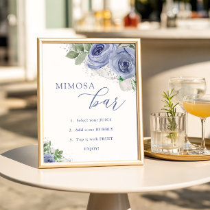 Affiche Bar Mimosa, Baby shower Floral Bleu et Argent