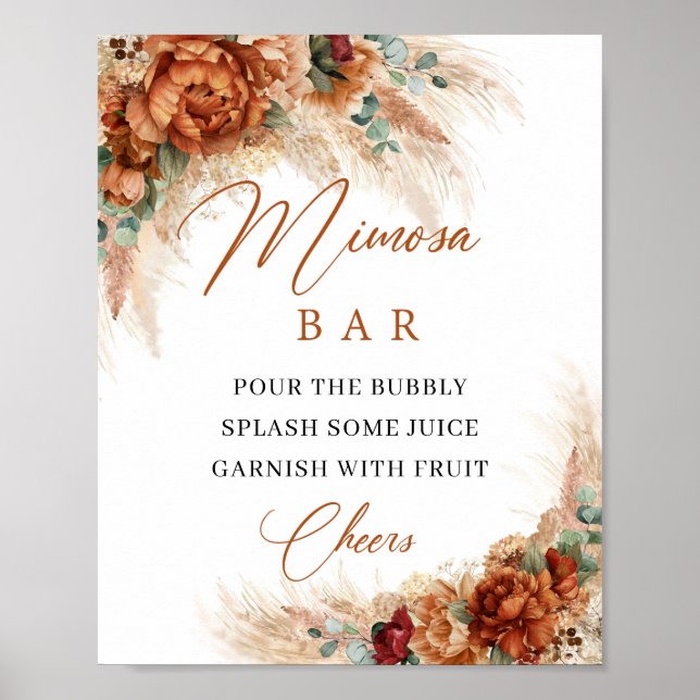 Affiche Bar mimosa floral boho en terre cuite et burgundy (Devant)