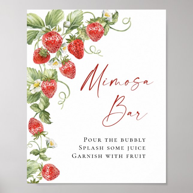 Affiche Bar Mimosa nuptiale à l'aquarelle tendance fraise (Devant)