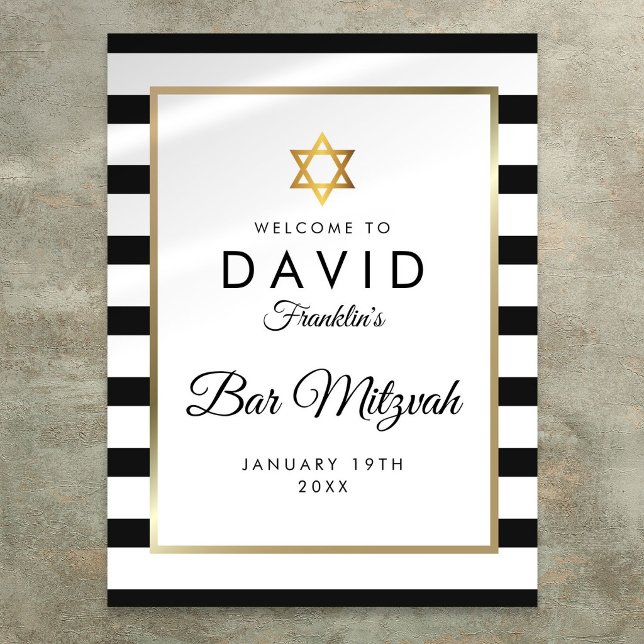 Affiche Bar Mitzvah Bienvenue Rayure Noir Et Blanc Or (Bar Mitzvah Black And White Stripe Gold Welcome Poster)