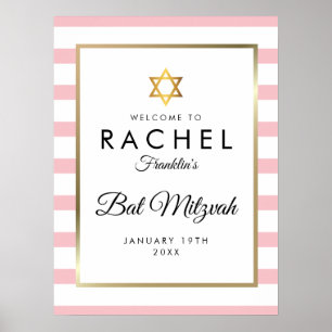 Affiche Bar Mitzvah Rayures Rose Et Blanc Accueil Or