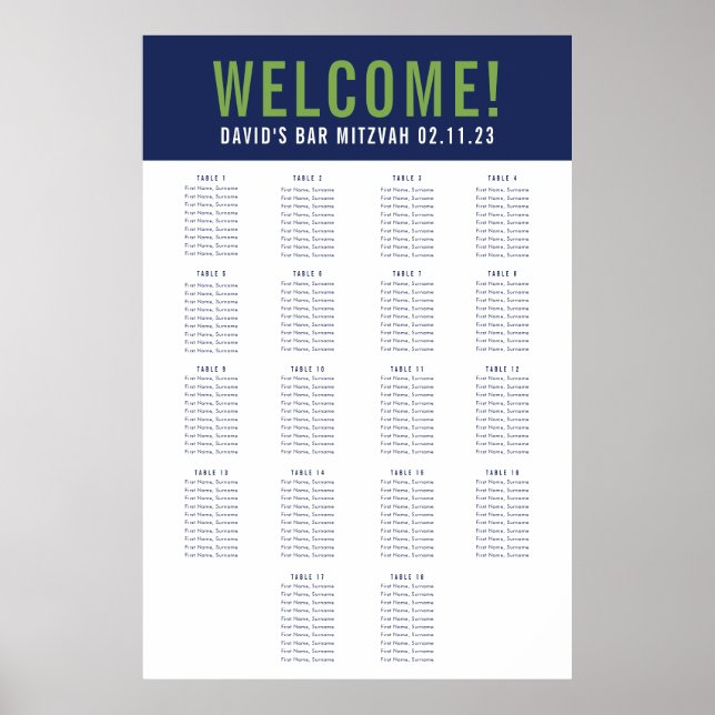 Affiche BAR MITZVAH SEATING GRAPHIQUE 18 tables marine ver (Devant)
