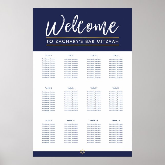 Affiche BAR MITZVAH TABLE PLAN 12 tables Marine moderne (Devant)