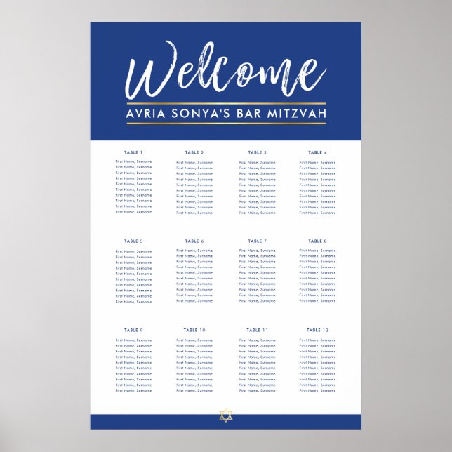 Affiche BAR MITZVAH TABLE PLAN 12 tables or bleu royal (Devant)