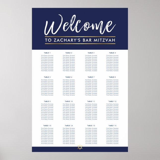 Affiche BAR MITZVAH TABLE PLAN 16 tables Marine moderne (Devant)