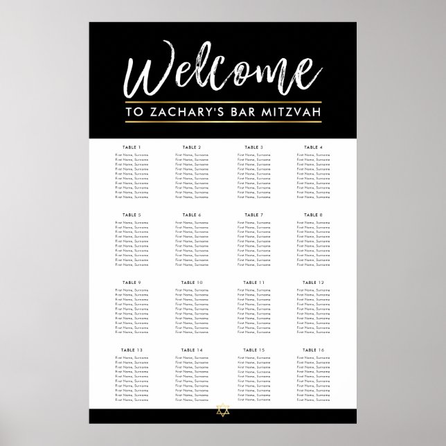 Affiche BAR MITZVAH TABLE PLAN 16 tables moderne noir (Devant)