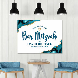 Affiche Bar Mitzvah Typographie Gras Turquoise Or Bienvenu