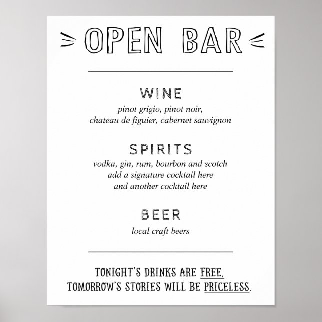 Affiche Bar Ouvert | Panneau de Menu de Bar de Mariage (Devant)