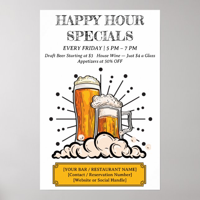 Affiche Bar & Restaurant Custom Happy Hour (Devant)
