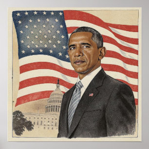 Affiche Barack Obama devant le drapeau américain et le Cap