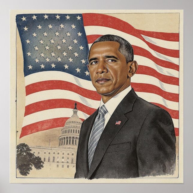 Affiche Barack Obama in front of American Flag and Capitol (Devant)