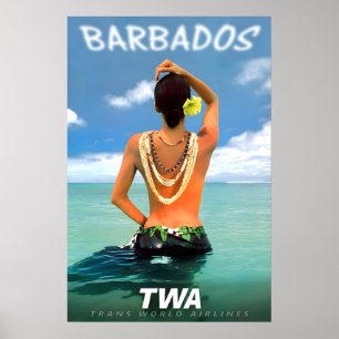 Affiche Barbade Caraïbes Antilles TWA Compagnie aérienne V