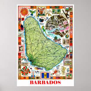Affiche Barbade, carte de l'île, attractions touristiques,