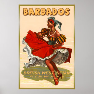 Affiche Barbados British West Indian Airways Nouvelle Rétr