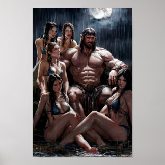 Affiche Barbare Musclé Entouré de Femmes Sexy