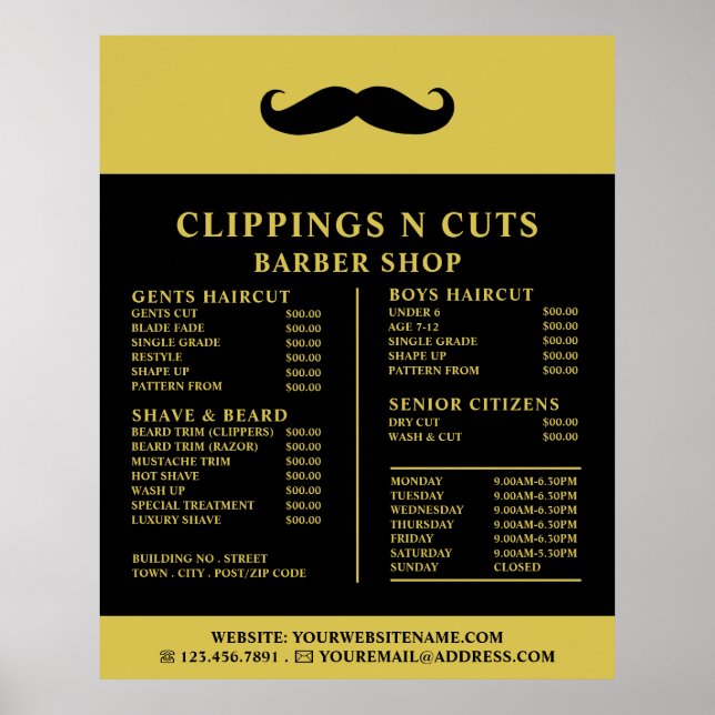 Affiche Barbe Noire, Liste de Prix des Barbiers pour Homme (Devant)