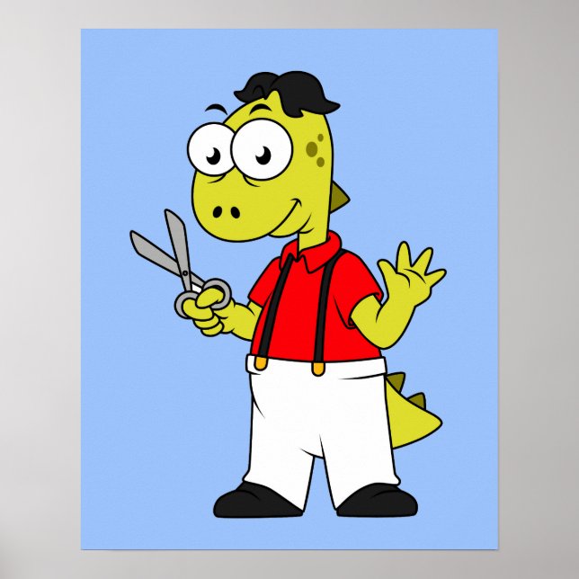 Affiche Barbier À Rex Tyrannosaurus Avec Ciseaux. (Devant)