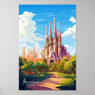 Affiche Barcelone Espagne Art illustration de voyage vinta