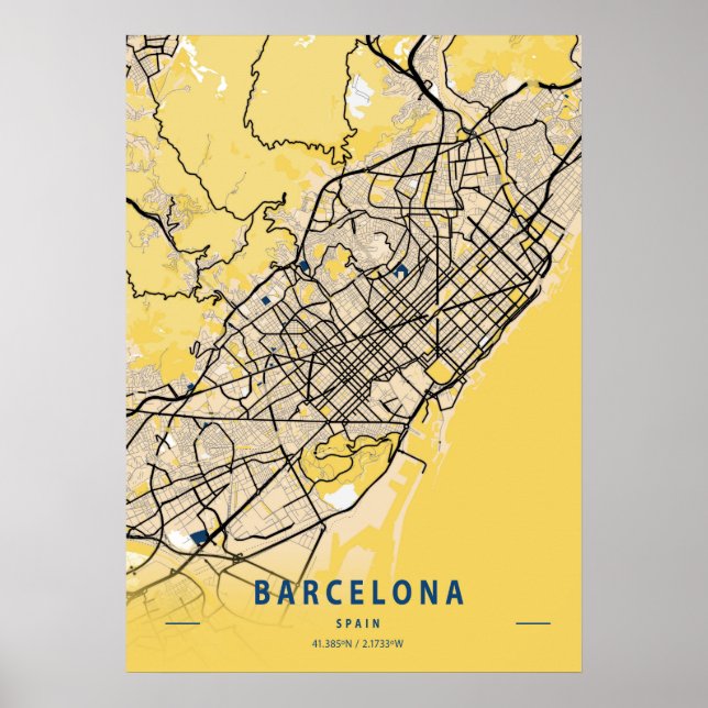 Affiche Barcelone - Espagne Carte de la ville jaune (Devant)
