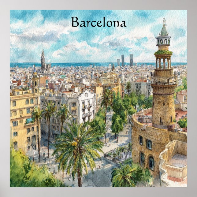 Affiche Barcelone Espagne Catalogne Vue de la ville peintu (Devant)