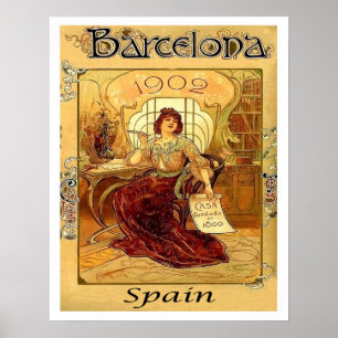 Affiche Barcelone, Espagne, femme écrivant une lettre, vin