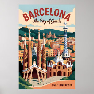 Affiche Barcelone Espagne Rétro Silhouette Paysage Urbain 