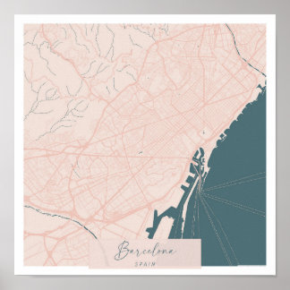 Affiche Barcelone Espagne Rose et Bleu jolie rue Script