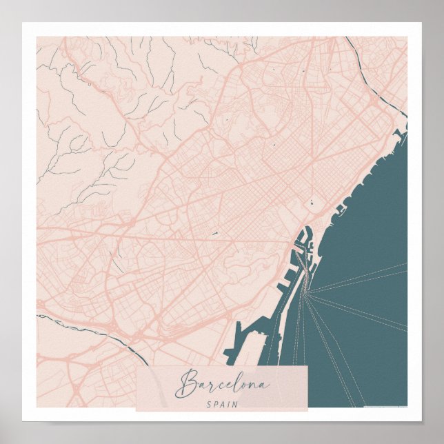 Affiche Barcelone Espagne Rose et Bleu jolie rue Script (Devant)