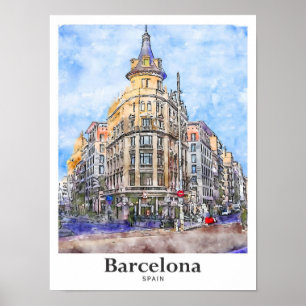 Affiche Barcelone Espagne Voyage Aquarelle main tiré