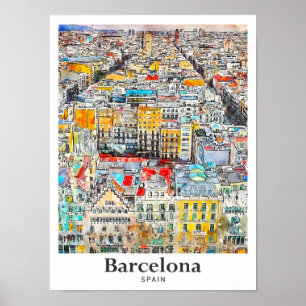 Affiche Barcelone Espagne Voyage Aquarelle main tiré