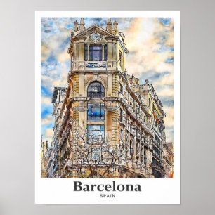 Affiche Barcelone Espagne Voyage Aquarelle main tiré