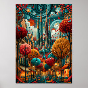 Affiche Barcelone Psychedélique Cité Sagrada Familia