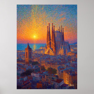 Affiche Barcelone Sagrada Familia Pointillisme Coucher de 