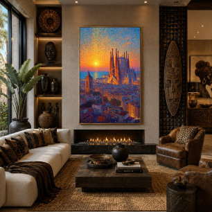 Affiche Barcelone Sagrada Familia Pointillisme Coucher de