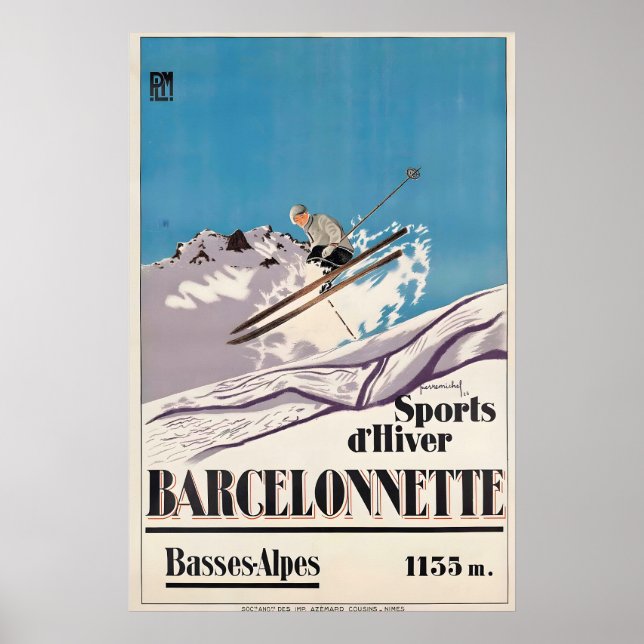 Affiche Barcelonnette Ski Alpes France Voyage Ancien (Devant)