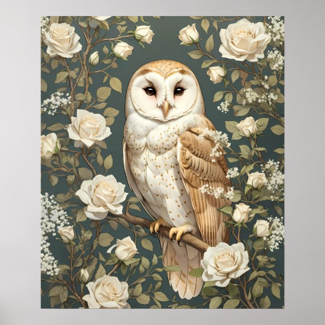 Affiche Barn Owl Et White Roses William Morris Inspiré (Devant)