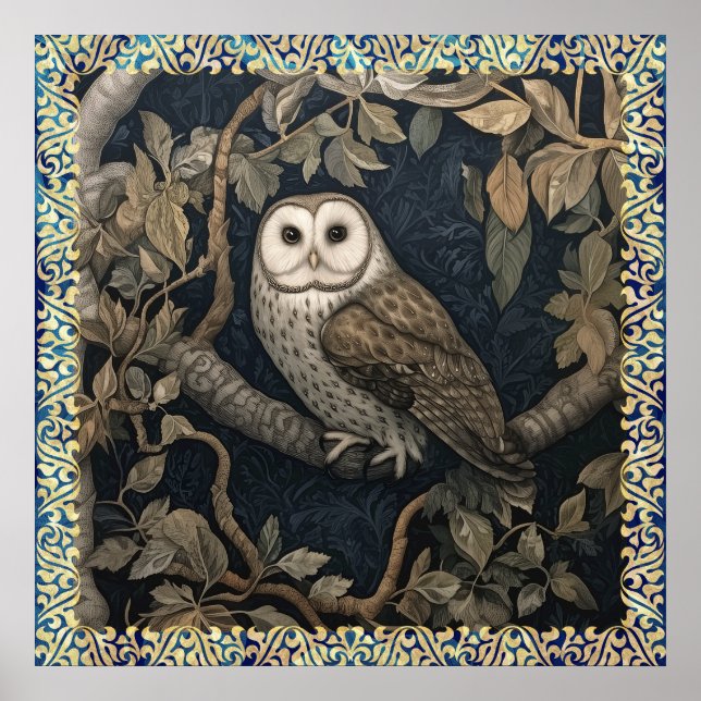 Affiche Barn Owl in the Night Forest William Morris Style (Devant)