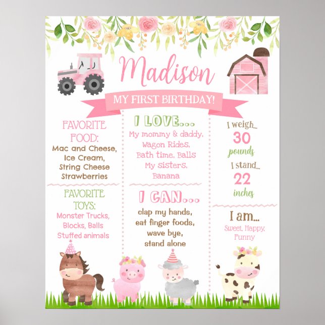 Affiche Barnyard Farm Animals Birthday Milestone Sign girl (Devant)