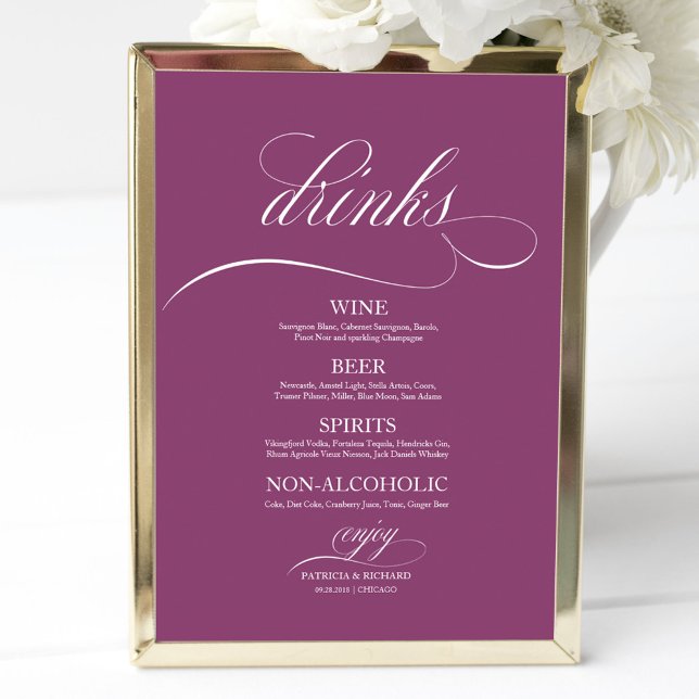 Affiche Barre de boissons mariage Menu Signer Châssis rose (Créateur téléchargé)