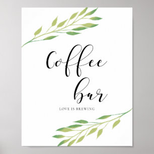 Affiche Barre de café Aquarelle vert feuille signe mariage