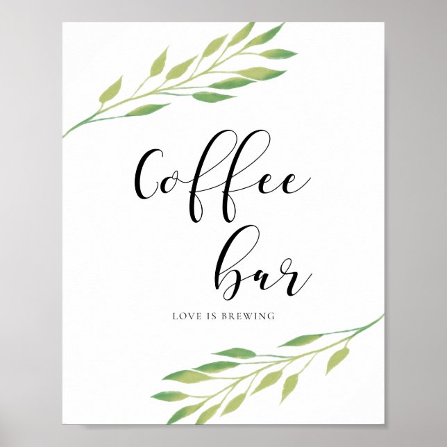 Affiche Barre de café Aquarelle vert feuille signe mariage (Devant)