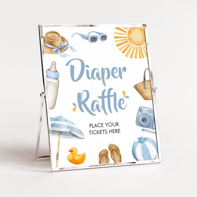 Affiche Barre de couches Baby shower à éclaboussure bleue (Boy Summer Beach Baby Shower Diaper Raffle Sign)