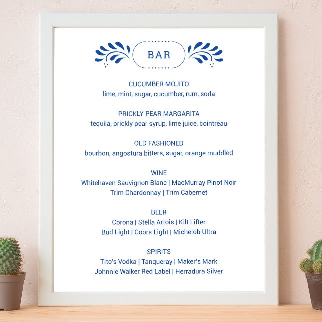 Affiche Barre de Mariage Bleue Style Puebla Panneau Menu (Puebla Style Blue Wedding Bar Menu Sign by Fiesta Valley Print)